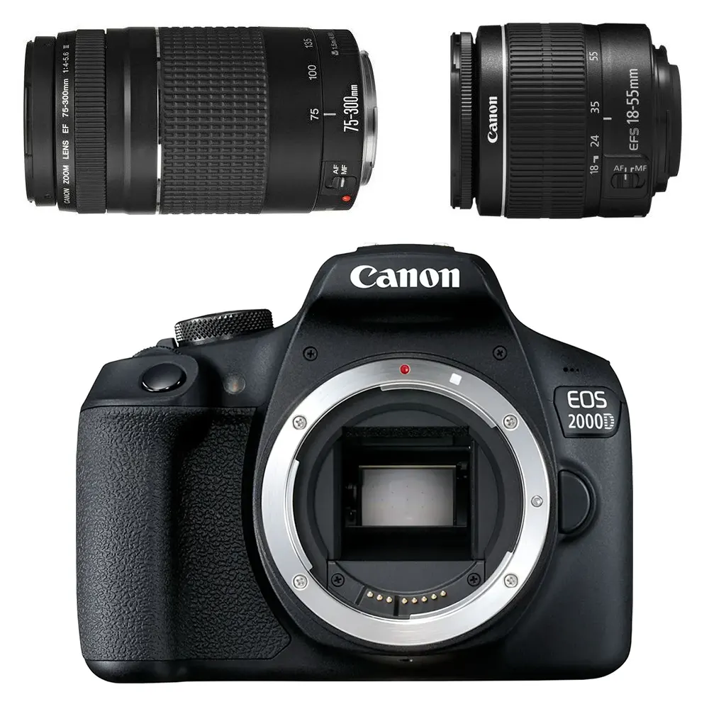 Canon EOS 2000D DSLR with EF-S 18-55mm IS II + EF 75-300mm f/4-5.6 III